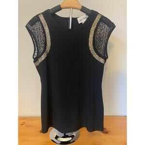 Joseph Ribkoff Top Black Gold Embellish Cap Lace Inset Sleeves Back Zipper SZ 6